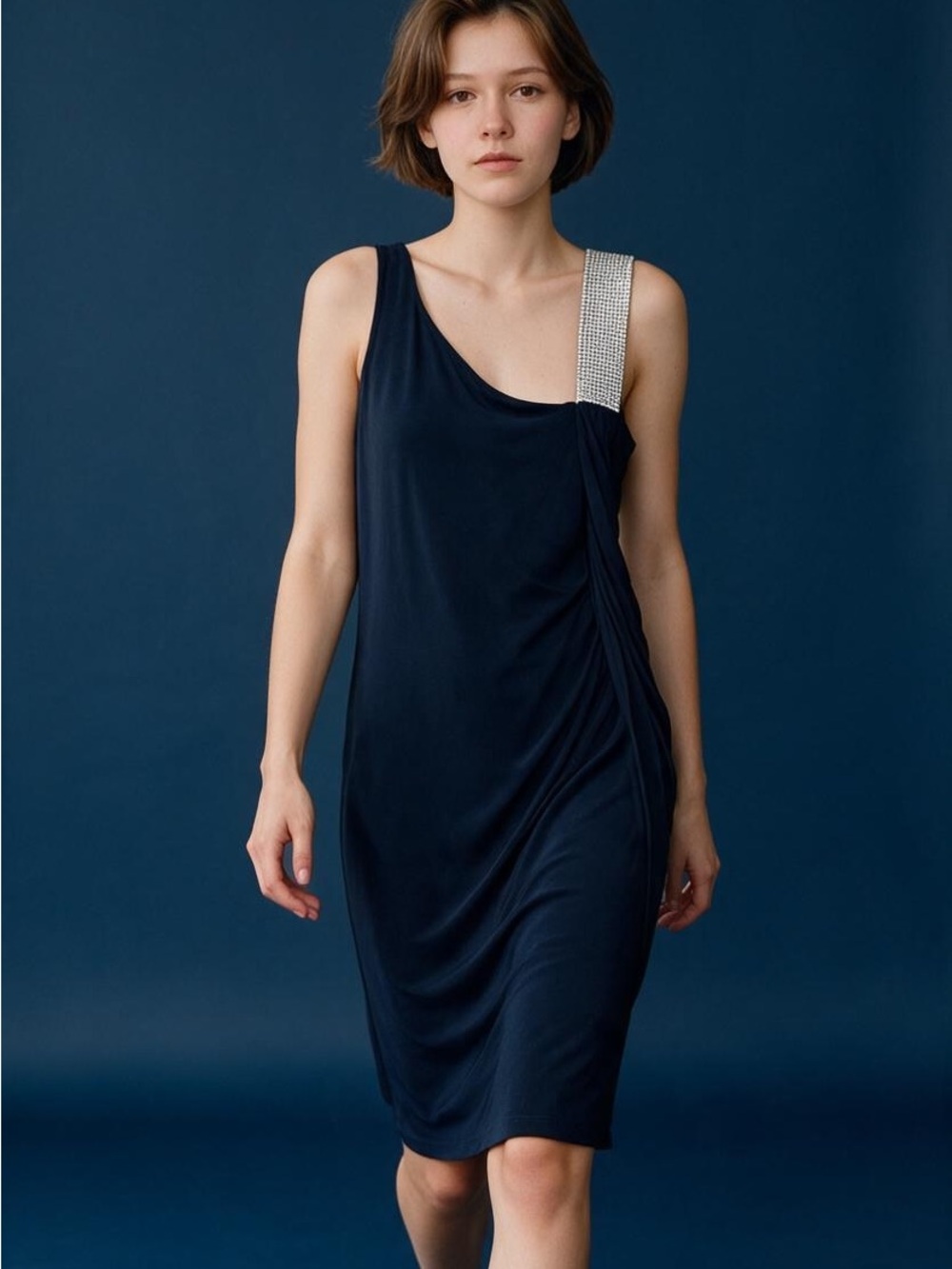 One-Shoulder Navy Dress with Crystal Embellished Strap